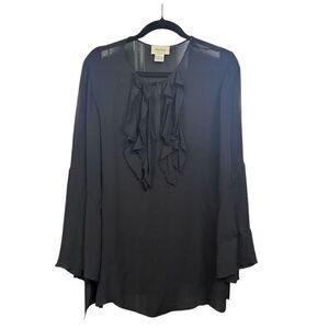 Neiman Marcus Women's Black Silk Ruffle Blouse Size L Witchy Sheer Whimsigoth